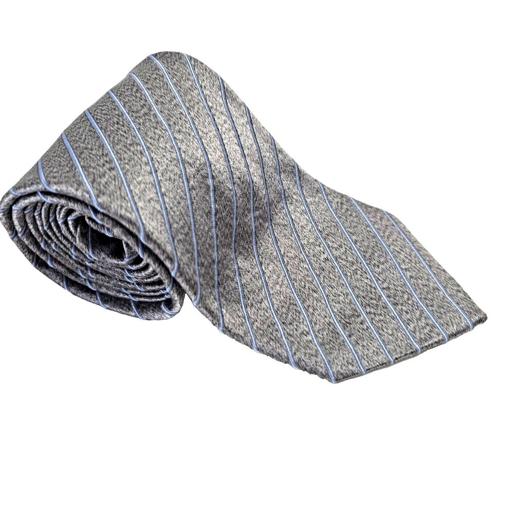 Ermenegildo Zegna 100% Silk Tie, Elegant and Classy Silver Tie w/‎ Blue Stripes
